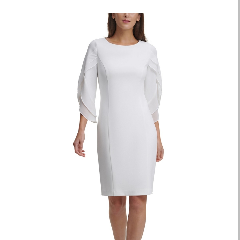 DKNY White Sheath Dress 3/4 Chiffon Bell Sleeves Cocktail Size 6
